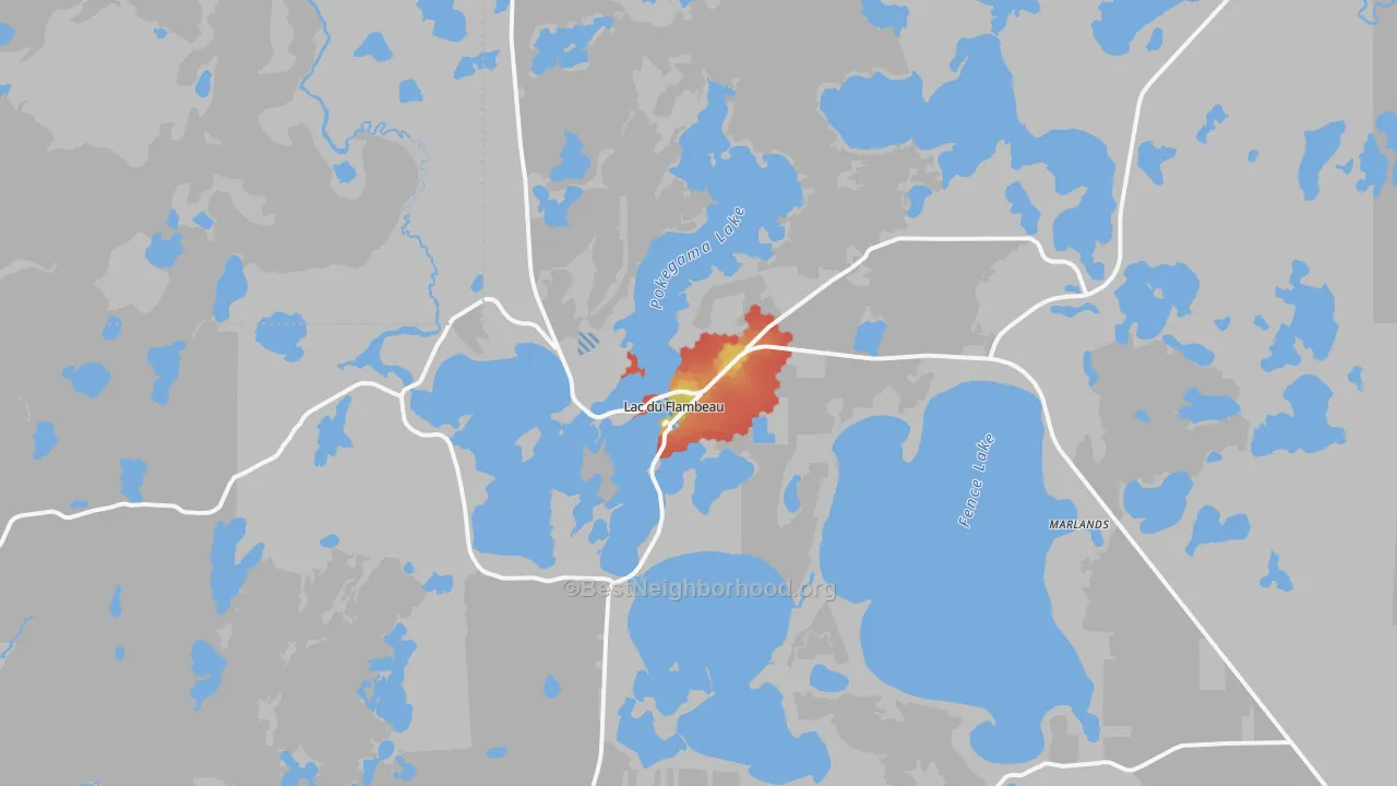 Walk Grade map of 54538, WI, walkable areas in green and car-dependent areas in red