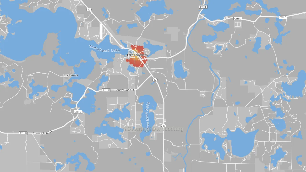 Walk Grade map of 54539, WI, walkable areas in green and car-dependent areas in red