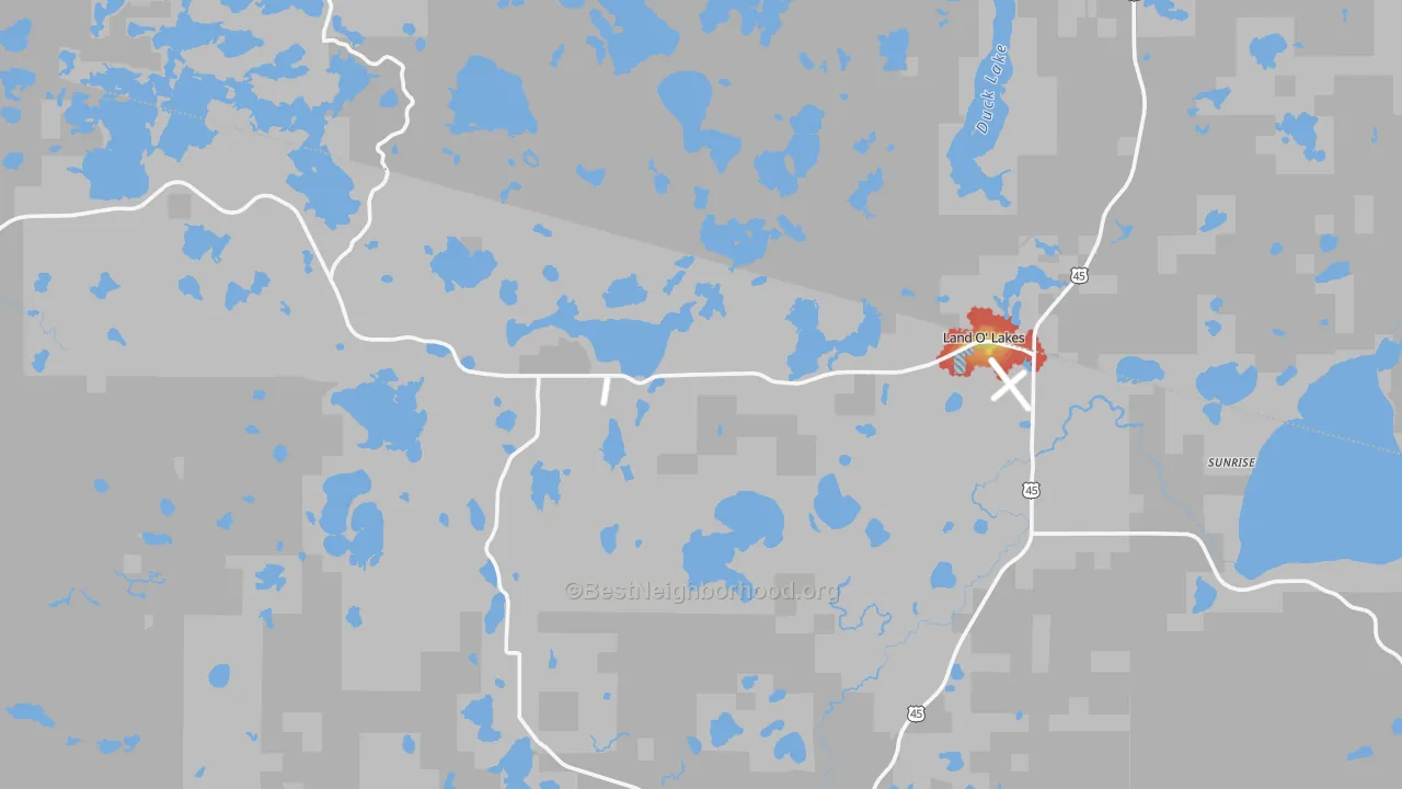 Walk Grade map of 54540, WI, walkable areas in green and car-dependent areas in red