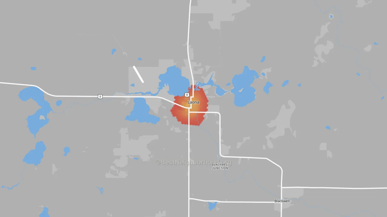 Walk Grade map of 54541, WI, walkable areas in green and car-dependent areas in red