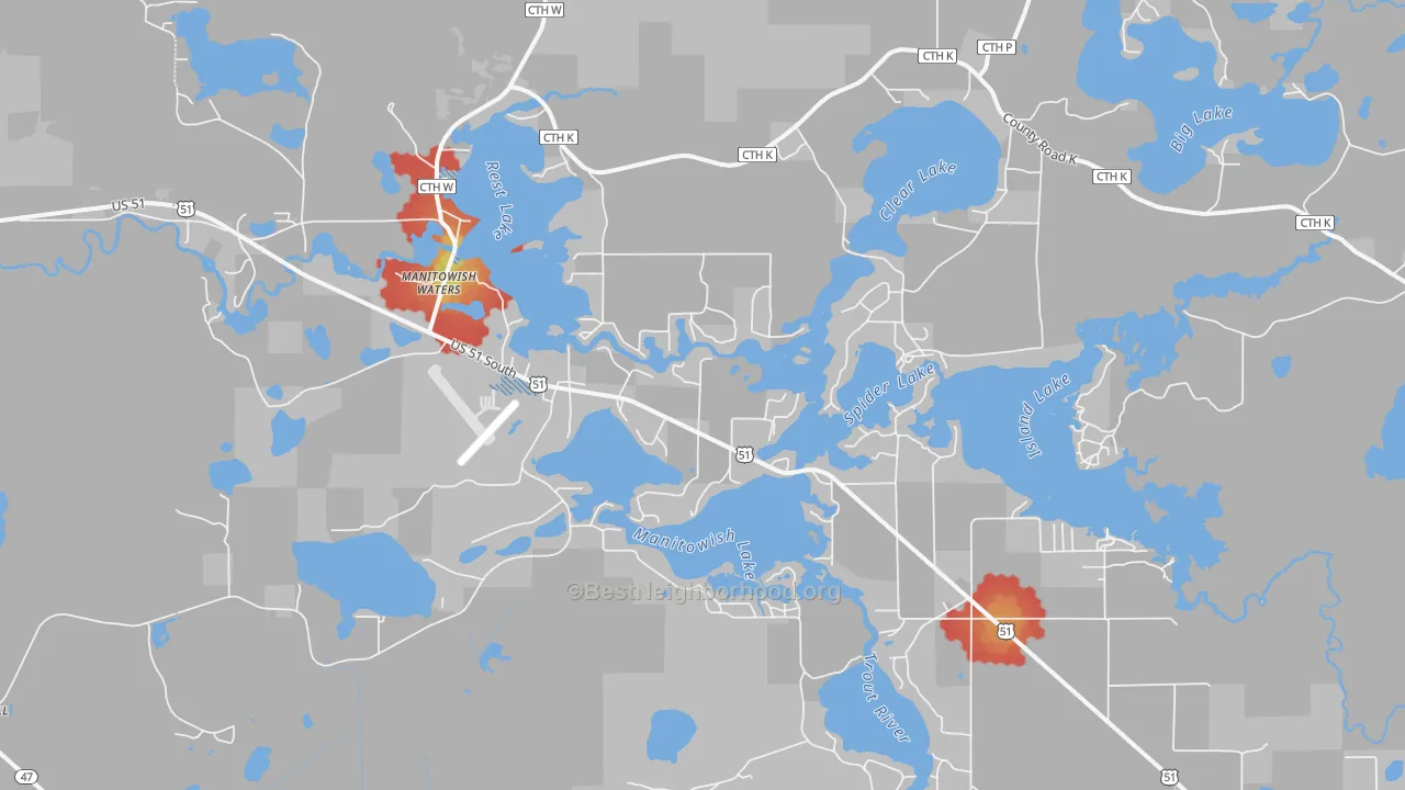 Walk Grade map of 54545, WI, walkable areas in green and car-dependent areas in red