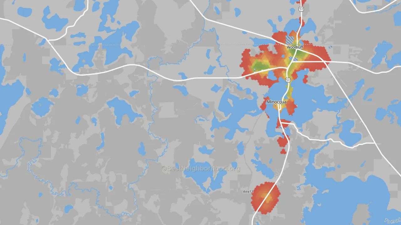 Walk Grade map of 54548, WI, walkable areas in green and car-dependent areas in red