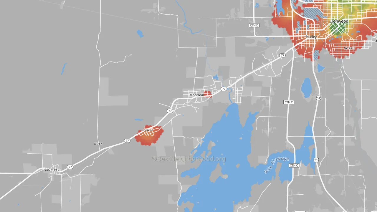 Walk Grade map of 54550, WI, walkable areas in green and car-dependent areas in red