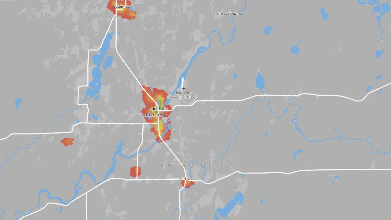 Walk Grade map of 54552, WI, walkable areas in green and car-dependent areas in red