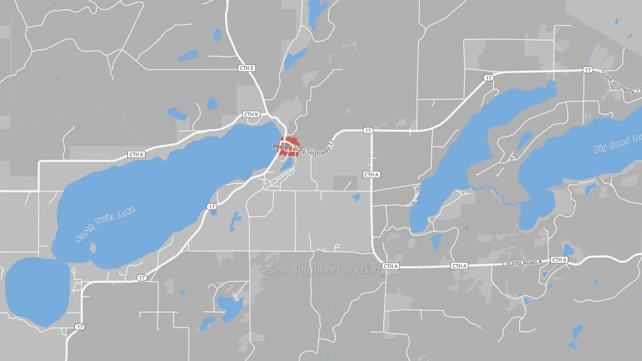 Walk Grade map of 54554, WI, walkable areas in green and car-dependent areas in red