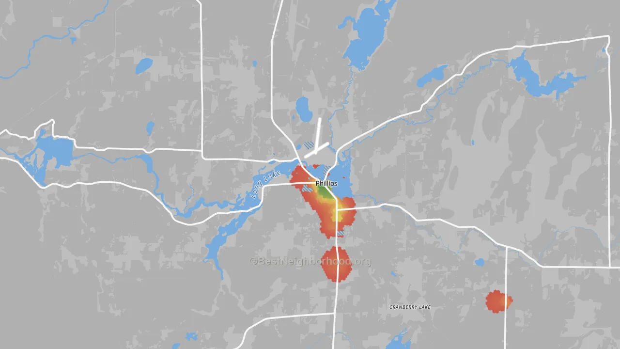 Walk Grade map of 54555, WI, walkable areas in green and car-dependent areas in red