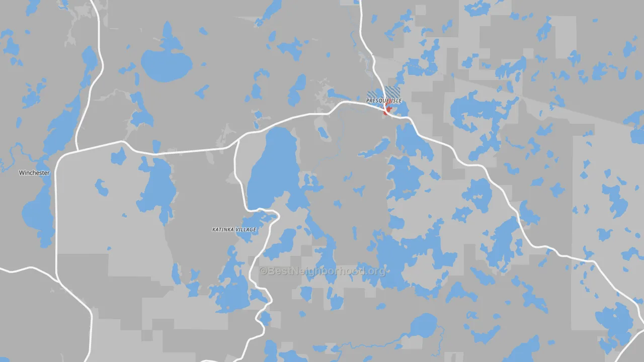 Walk Grade map of 54557, WI, walkable areas in green and car-dependent areas in red