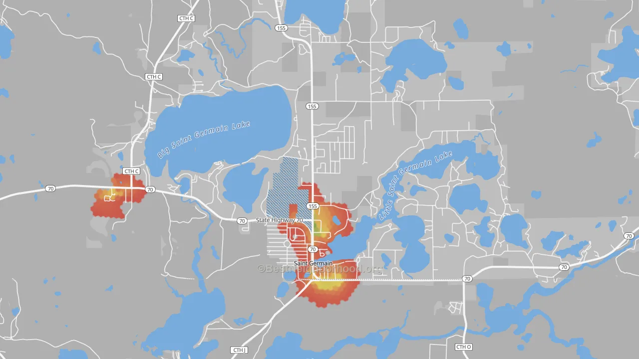 Walk Grade map of 54558, WI, walkable areas in green and car-dependent areas in red