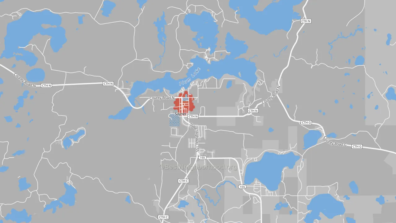 Walk Grade map of 54560, WI, walkable areas in green and car-dependent areas in red