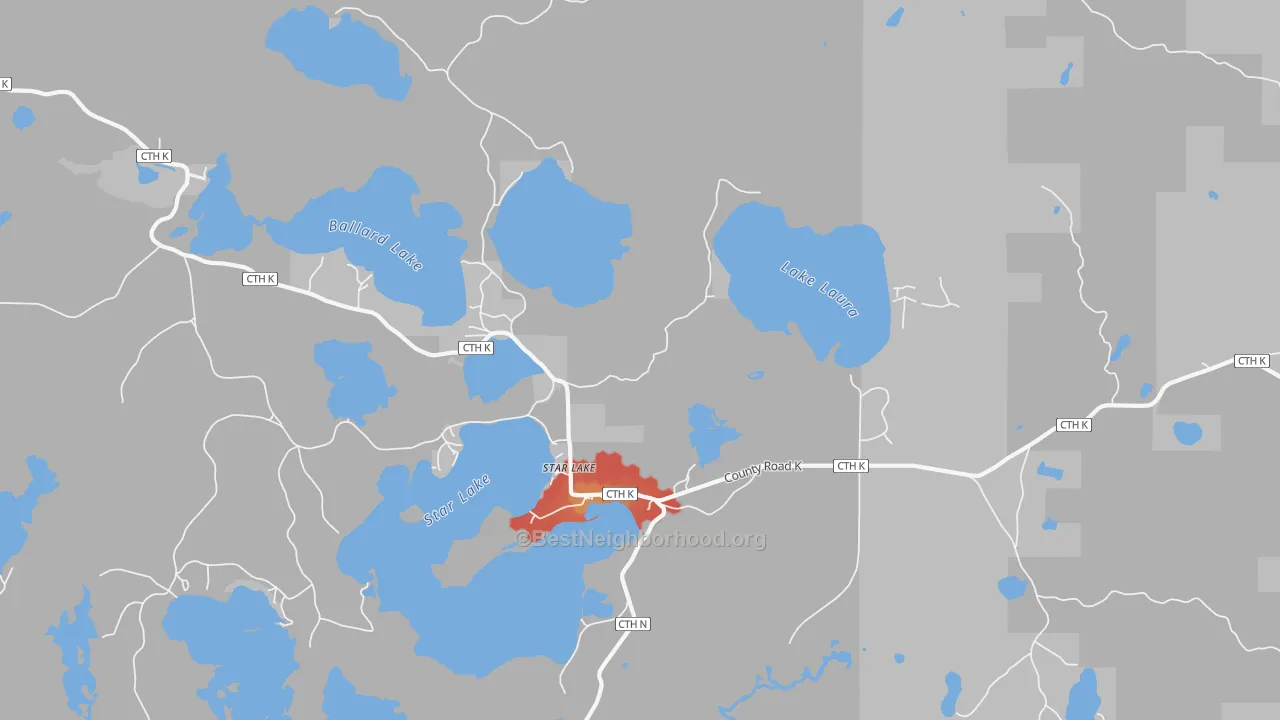Walk Grade map of 54561, WI, walkable areas in green and car-dependent areas in red
