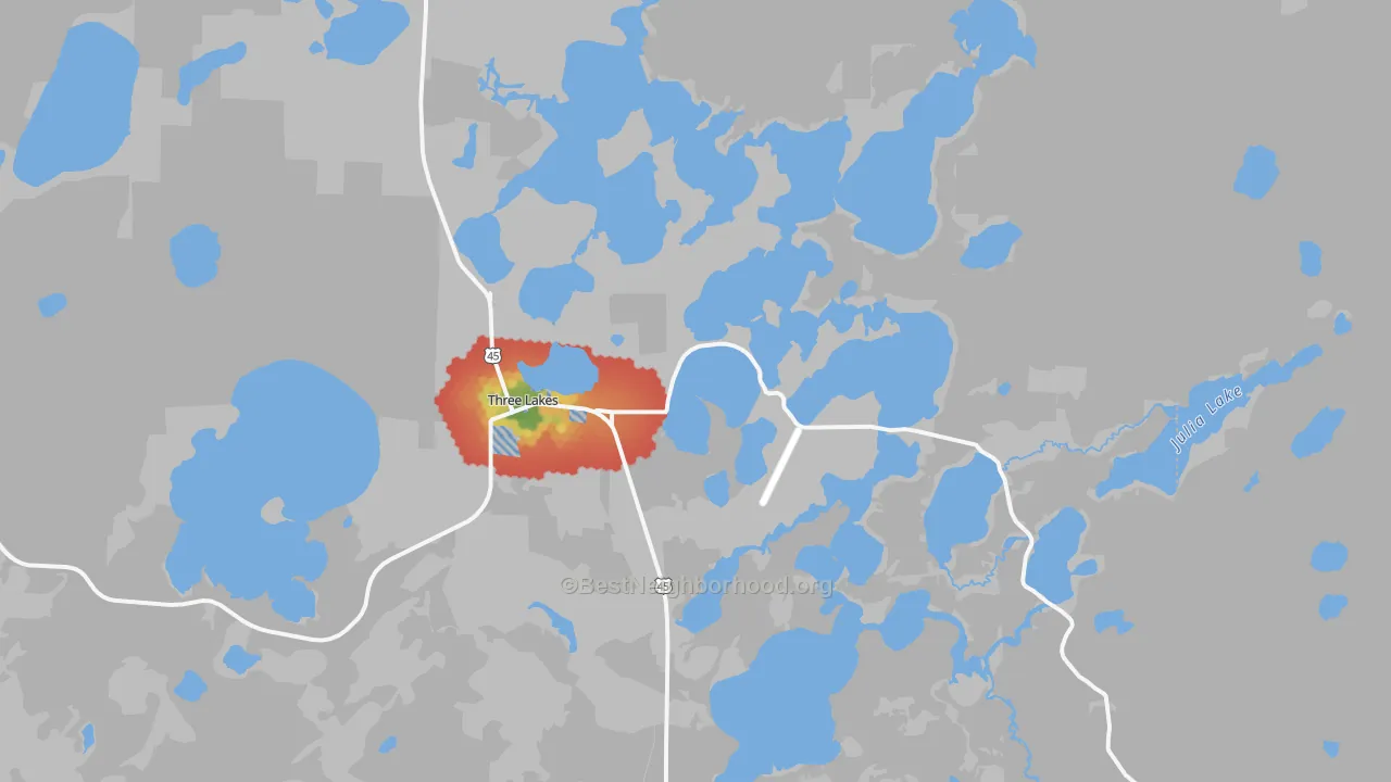 Walk Grade map of 54562, WI, walkable areas in green and car-dependent areas in red
