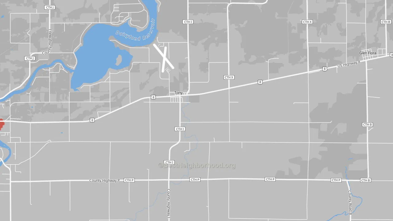 Walk Grade map of 54563, WI, walkable areas in green and car-dependent areas in red