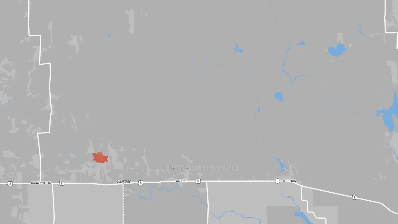 Walk Grade map of 54564, WI, walkable areas in green and car-dependent areas in red
