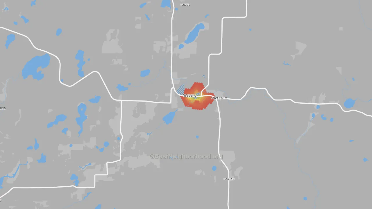 Walk Grade map of 54566, WI, walkable areas in green and car-dependent areas in red