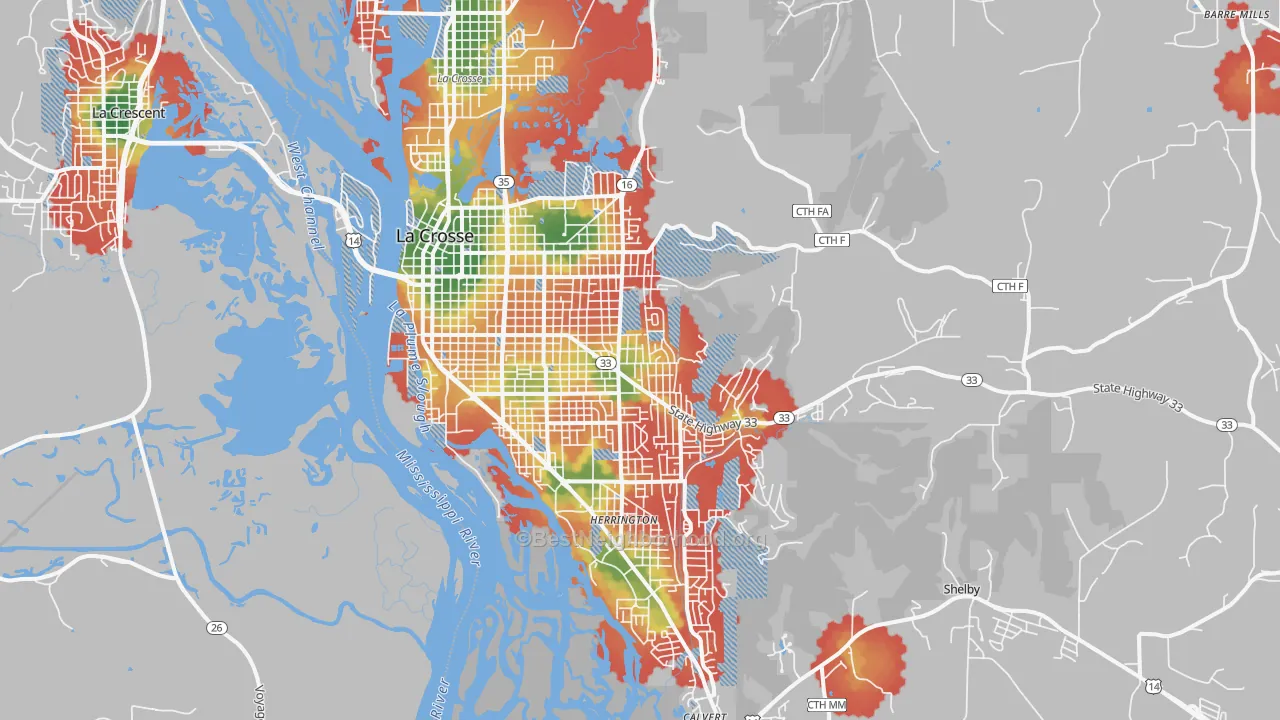 Walk Grade map of 54601, WI, walkable areas in green and car-dependent areas in red