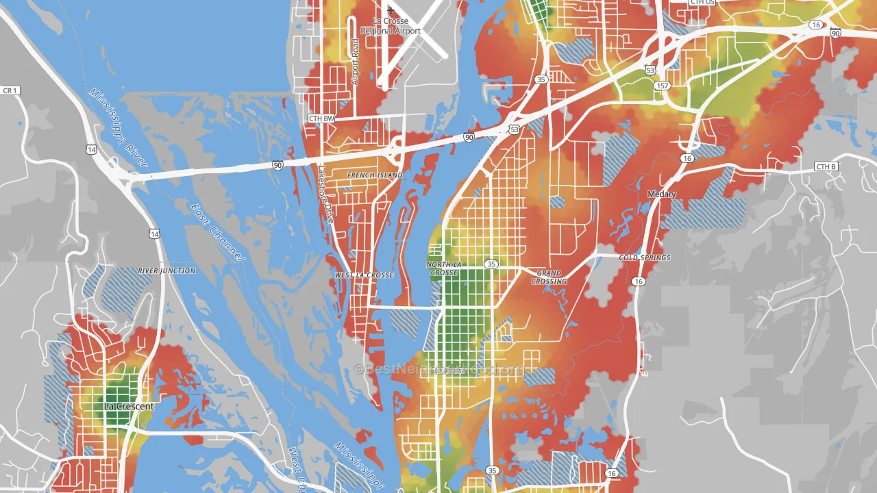 Walk Grade map of 54603, WI, walkable areas in green and car-dependent areas in red