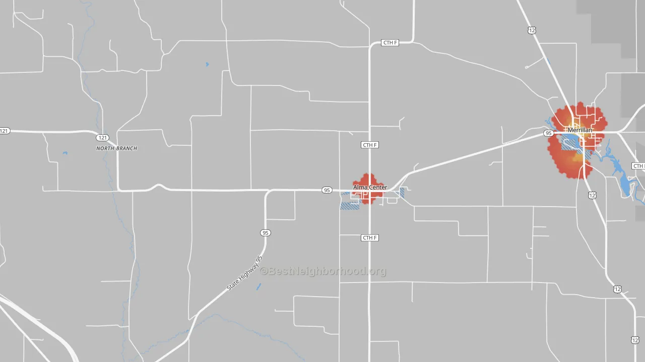 Walk Grade map of 54611, WI, walkable areas in green and car-dependent areas in red