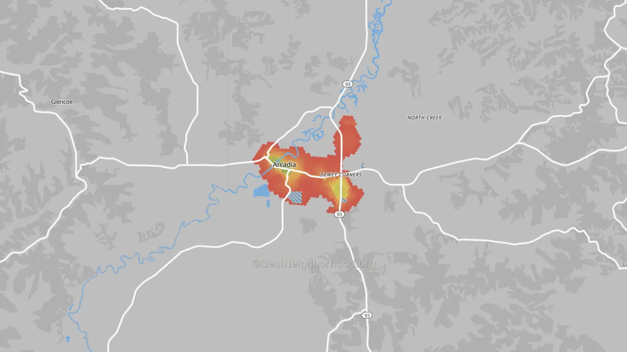 Walk Grade map of 54612, WI, walkable areas in green and car-dependent areas in red