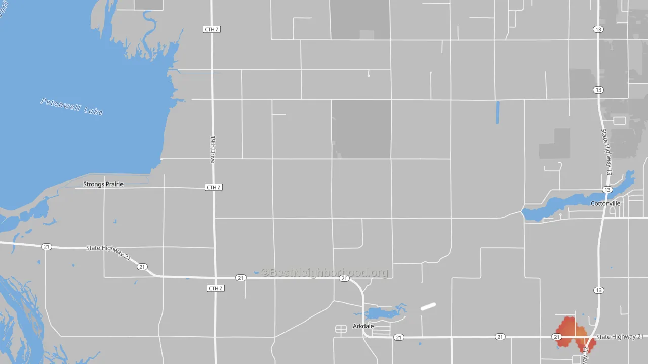 Walk Grade map of 54613, WI, walkable areas in green and car-dependent areas in red