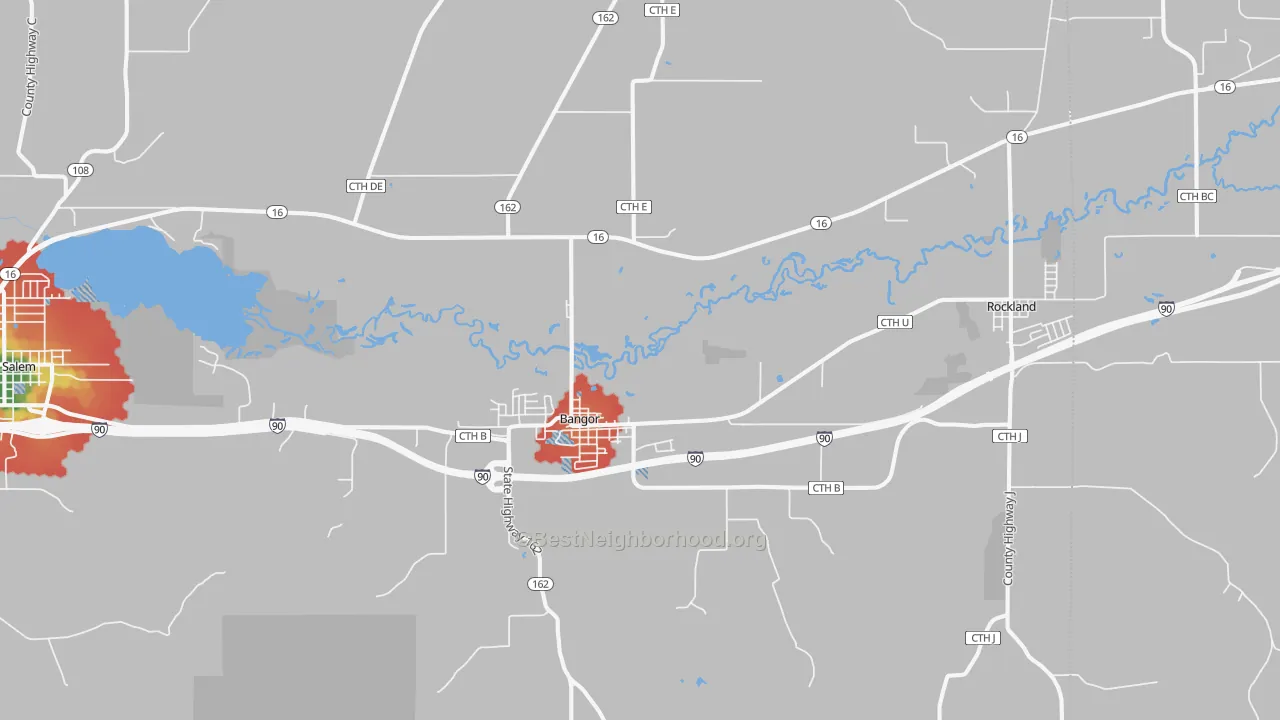 Walk Grade map of 54614, WI, walkable areas in green and car-dependent areas in red