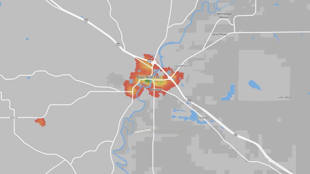 Walk Grade map of 54615, WI, walkable areas in green and car-dependent areas in red