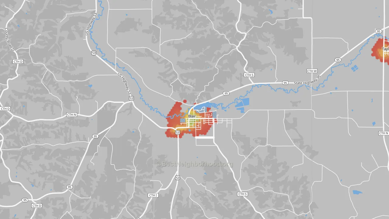 Walk Grade map of 54616, WI, walkable areas in green and car-dependent areas in red