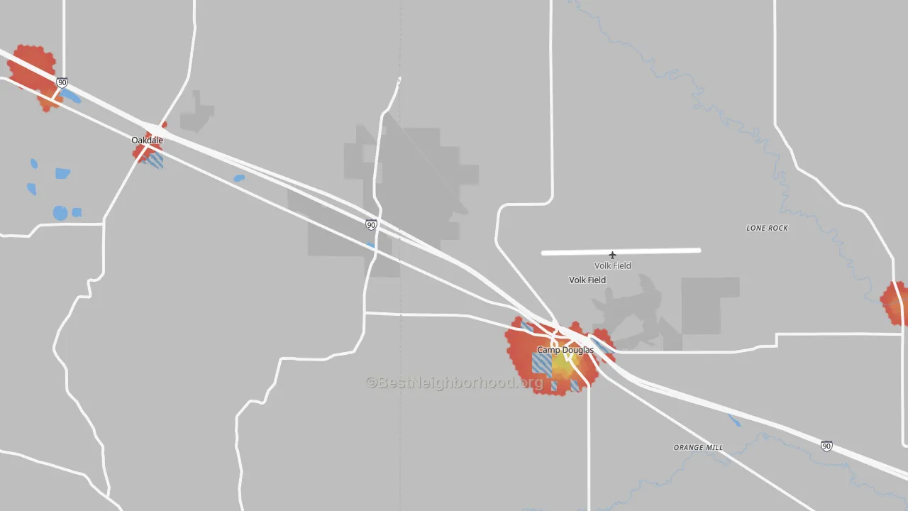 Walk Grade map of 54618, WI, walkable areas in green and car-dependent areas in red