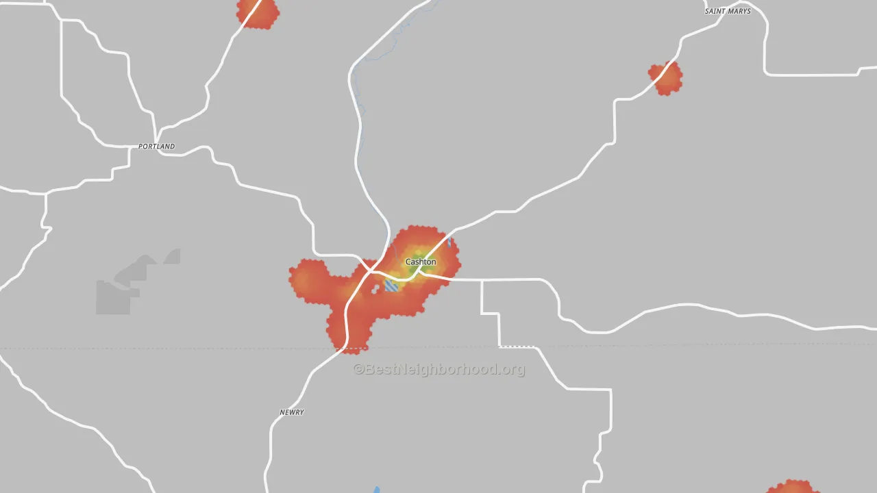 Walk Grade map of 54619, WI, walkable areas in green and car-dependent areas in red