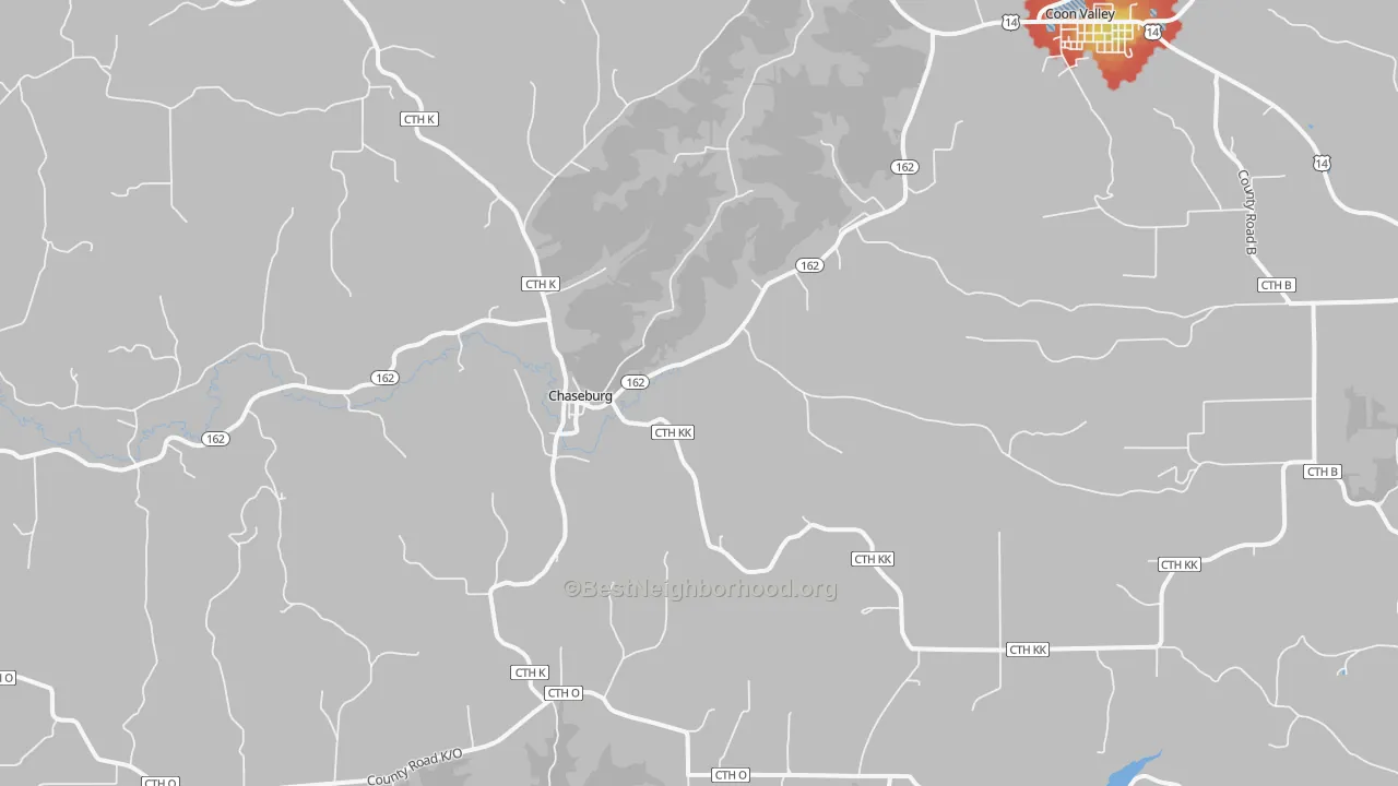 Walk Grade map of 54621, WI, walkable areas in green and car-dependent areas in red