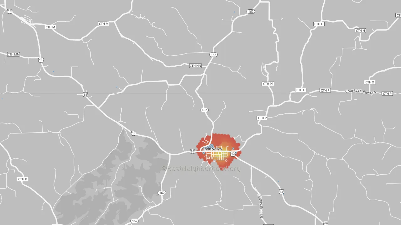 Walk Grade map of 54623, WI, walkable areas in green and car-dependent areas in red