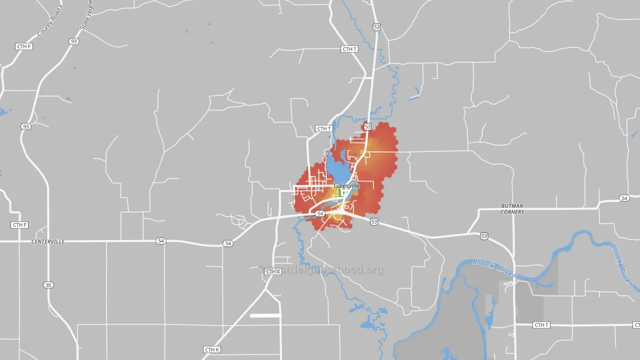 Walk Grade map of 54630, WI, walkable areas in green and car-dependent areas in red