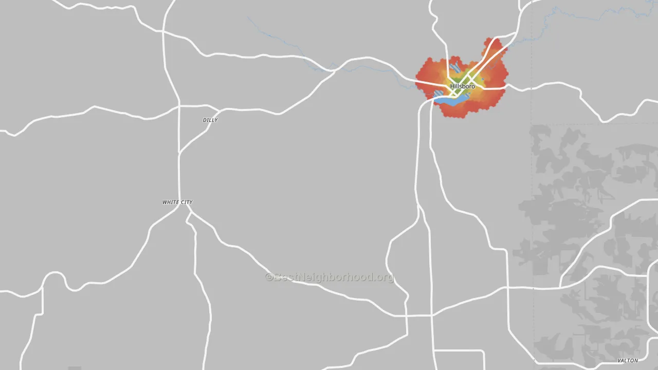 Walk Grade map of 54634, WI, walkable areas in green and car-dependent areas in red