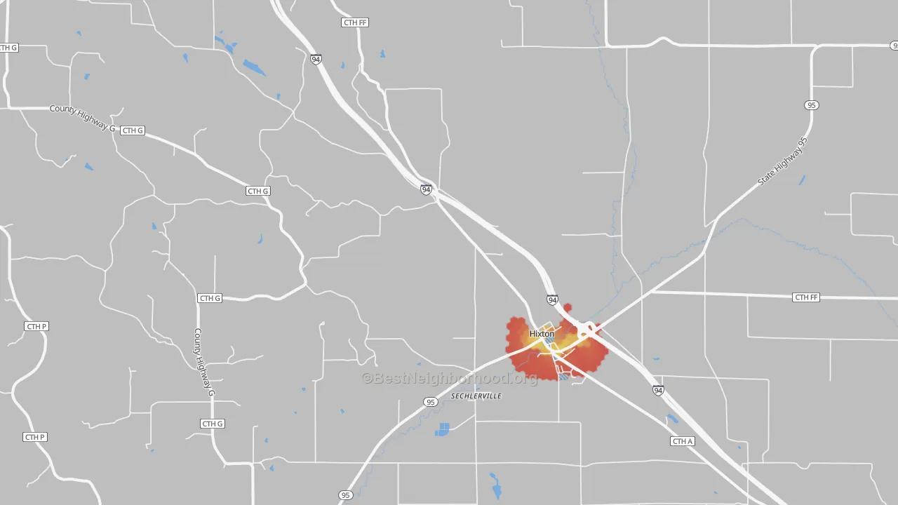 Walk Grade map of 54635, WI, walkable areas in green and car-dependent areas in red