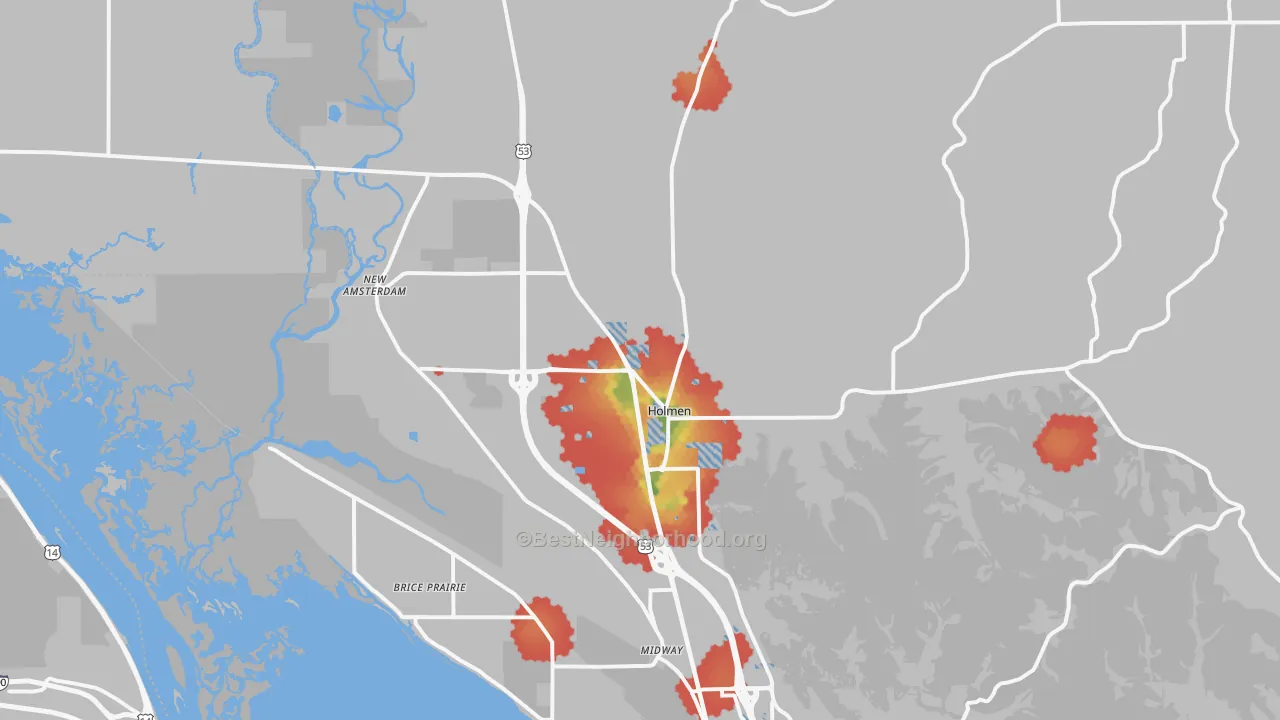 Walk Grade map of 54636, WI, walkable areas in green and car-dependent areas in red