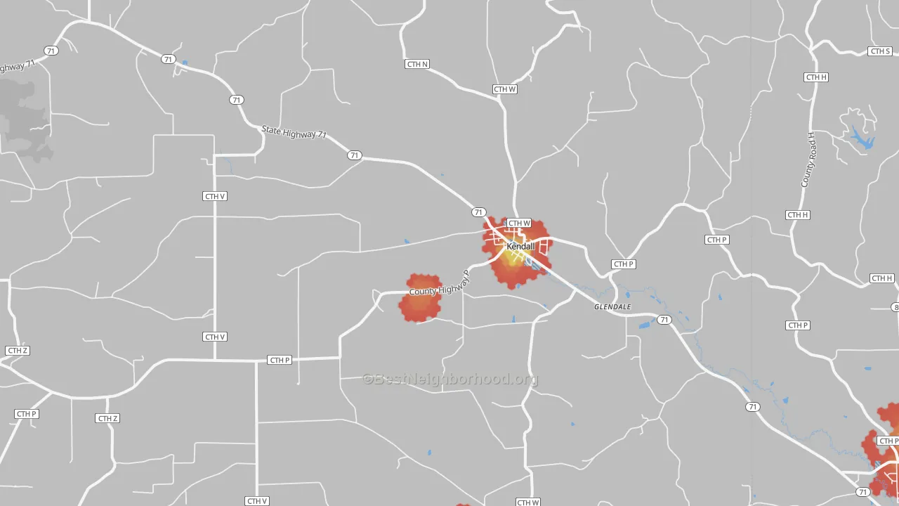 Walk Grade map of 54638, WI, walkable areas in green and car-dependent areas in red