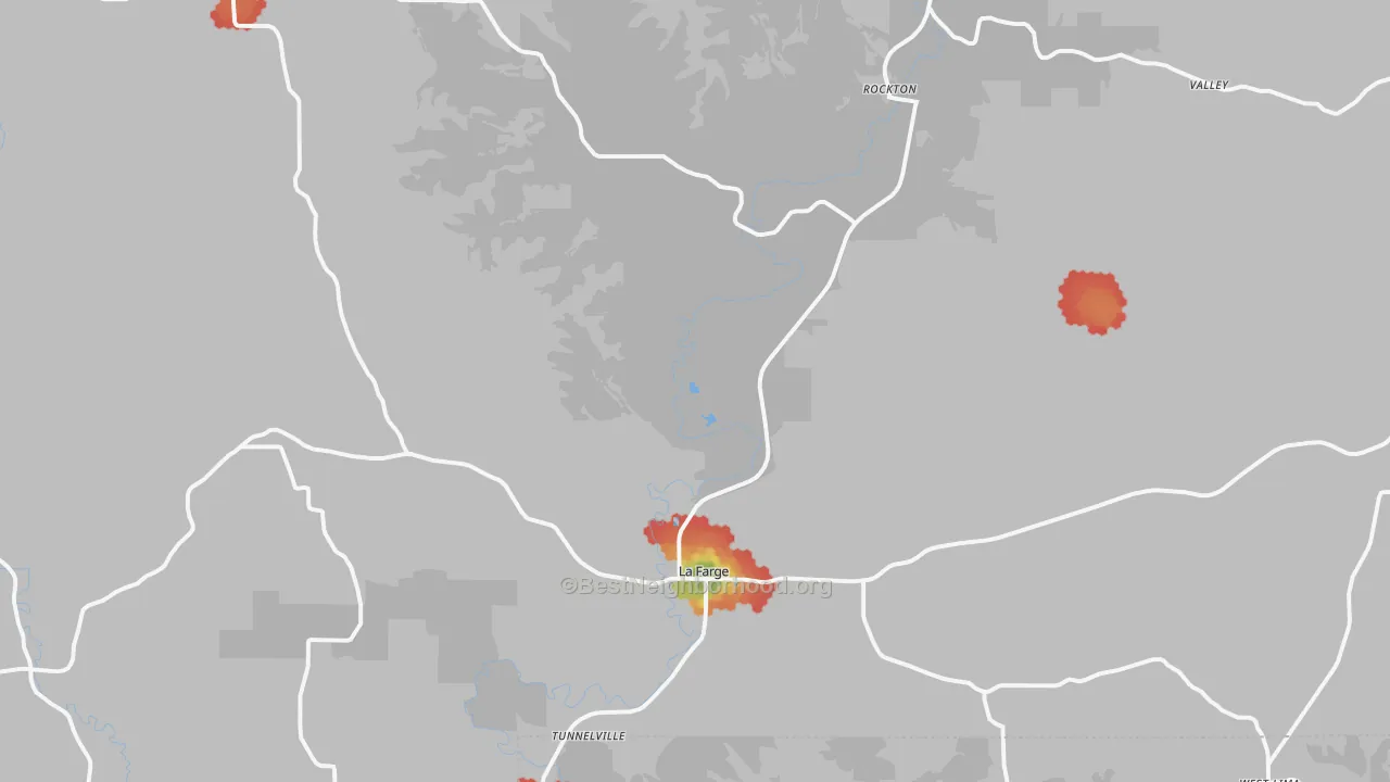 Walk Grade map of 54639, WI, walkable areas in green and car-dependent areas in red