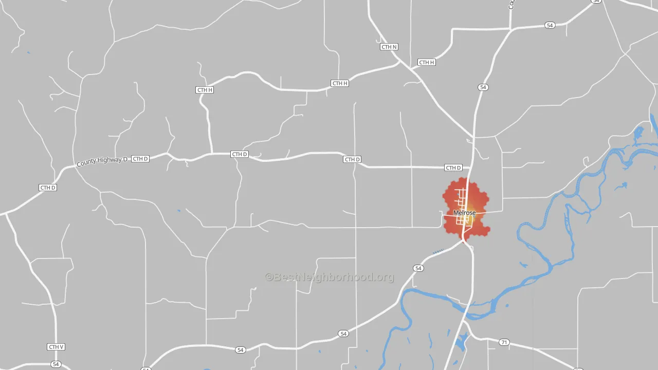 Walk Grade map of 54642, WI, walkable areas in green and car-dependent areas in red
