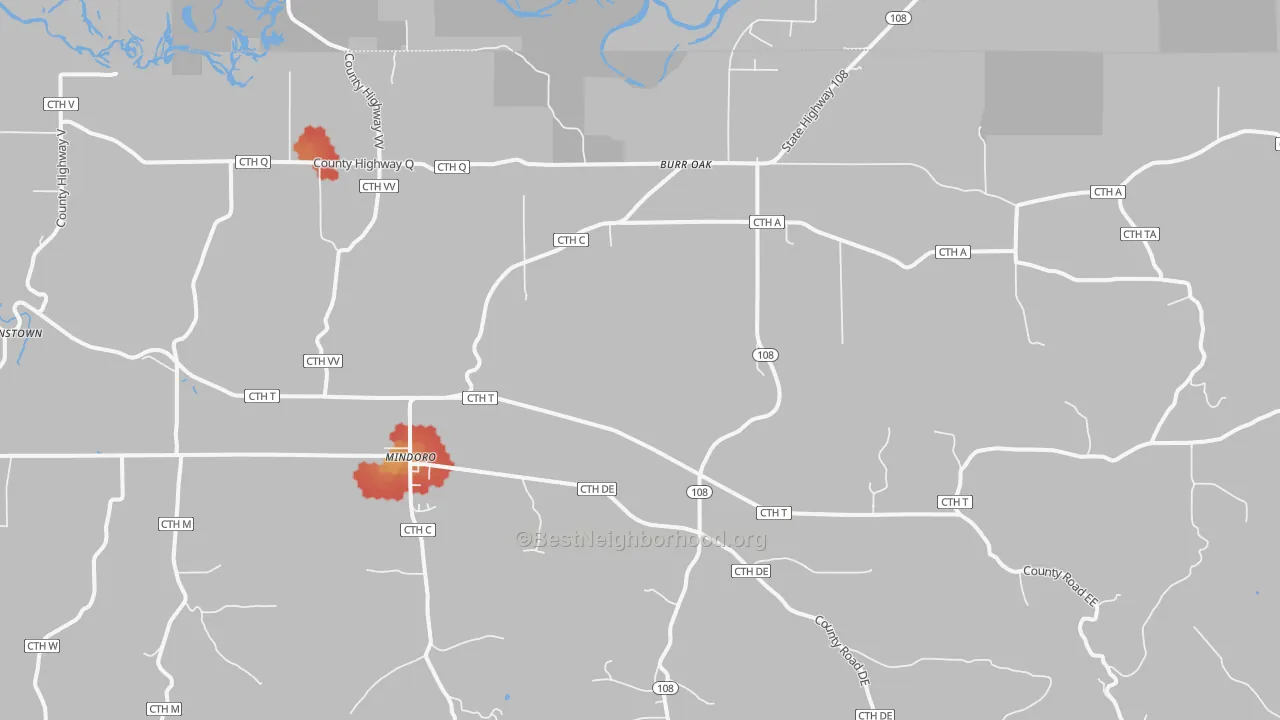 Walk Grade map of 54644, WI, walkable areas in green and car-dependent areas in red