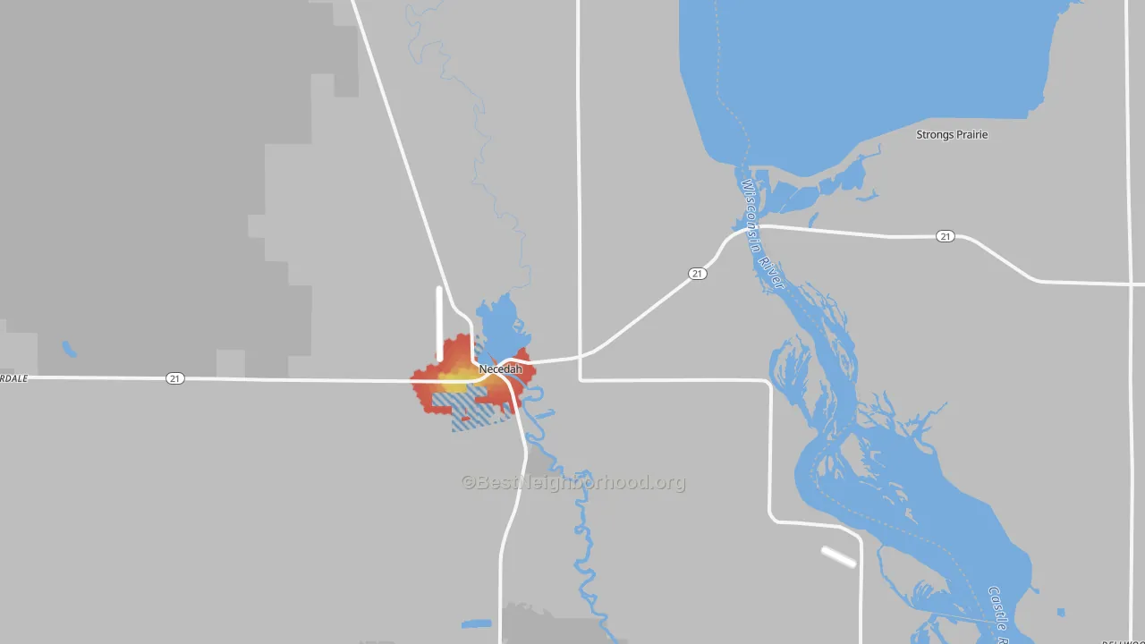 Walk Grade map of 54646, WI, walkable areas in green and car-dependent areas in red