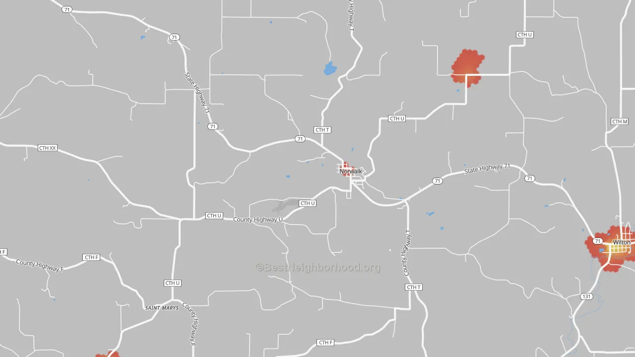 Walk Grade map of 54648, WI, walkable areas in green and car-dependent areas in red