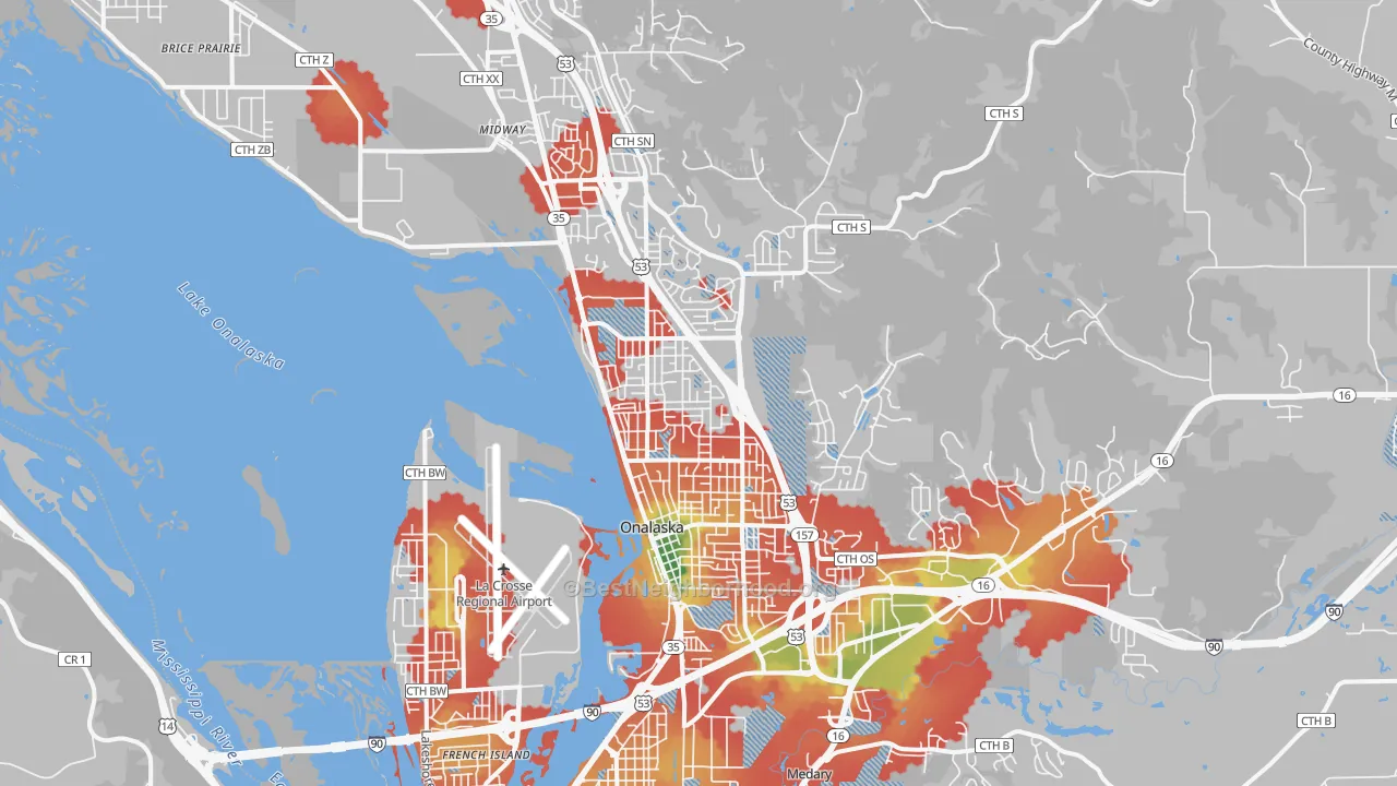Walk Grade map of 54650, WI, walkable areas in green and car-dependent areas in red