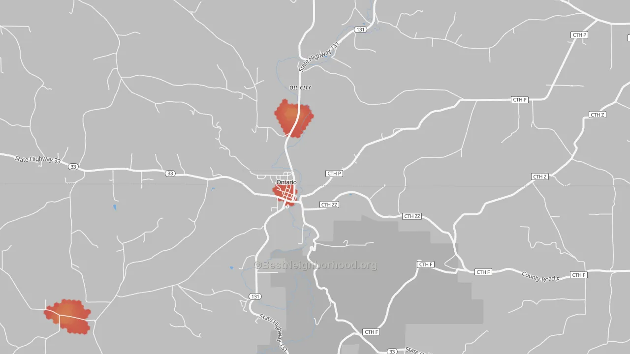 Walk Grade map of 54651, WI, walkable areas in green and car-dependent areas in red