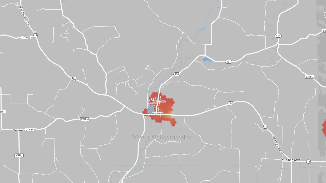 Walk Grade map of 54652, WI, walkable areas in green and car-dependent areas in red