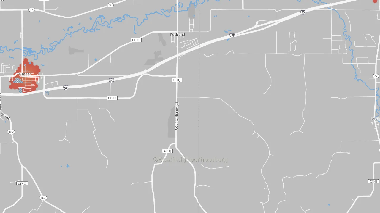 Walk Grade map of 54653, WI, walkable areas in green and car-dependent areas in red