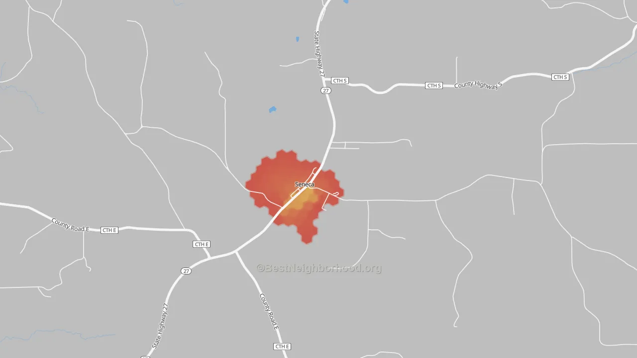 Walk Grade map of 54654, WI, walkable areas in green and car-dependent areas in red