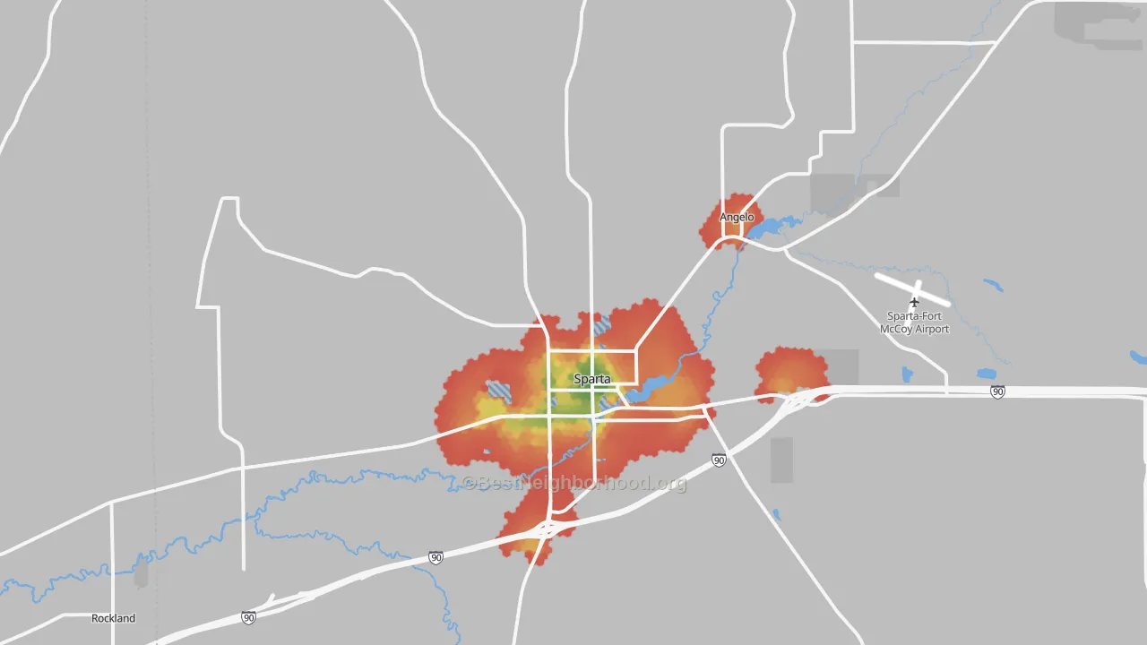Walk Grade map of 54656, WI, walkable areas in green and car-dependent areas in red
