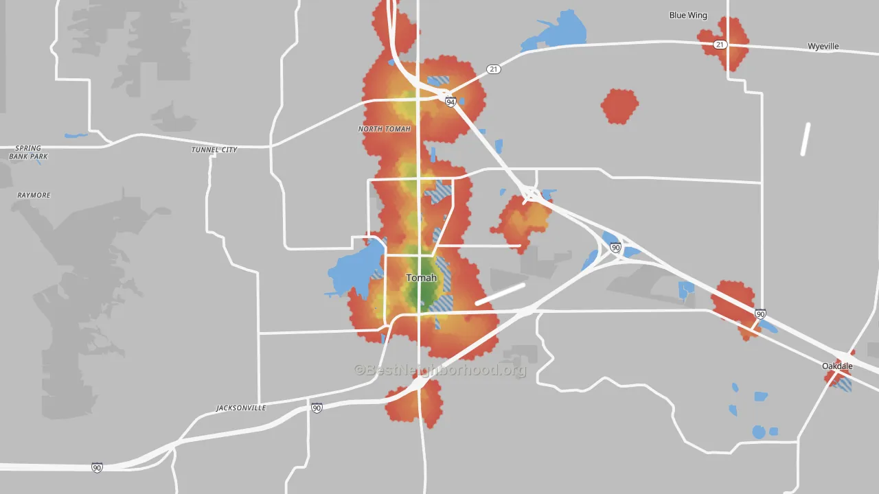 Walk Grade map of 54660, WI, walkable areas in green and car-dependent areas in red