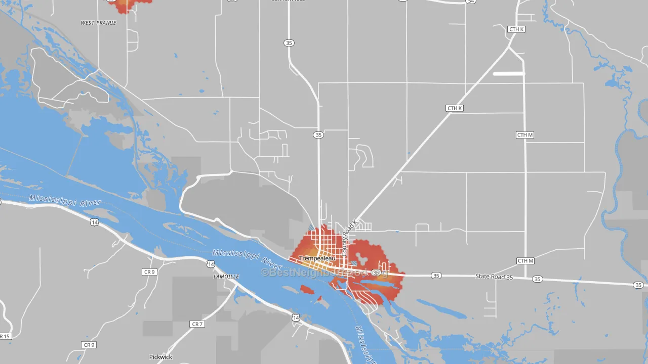 Walk Grade map of 54661, WI, walkable areas in green and car-dependent areas in red