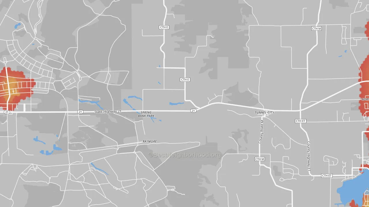 Walk Grade map of 54662, WI, walkable areas in green and car-dependent areas in red