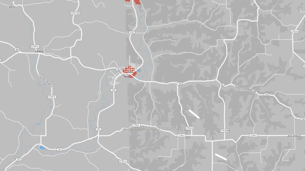 Walk Grade map of 54664, WI, walkable areas in green and car-dependent areas in red